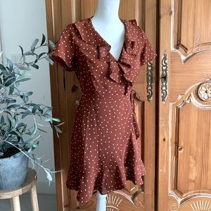 Tan and white polka dot wrap dress